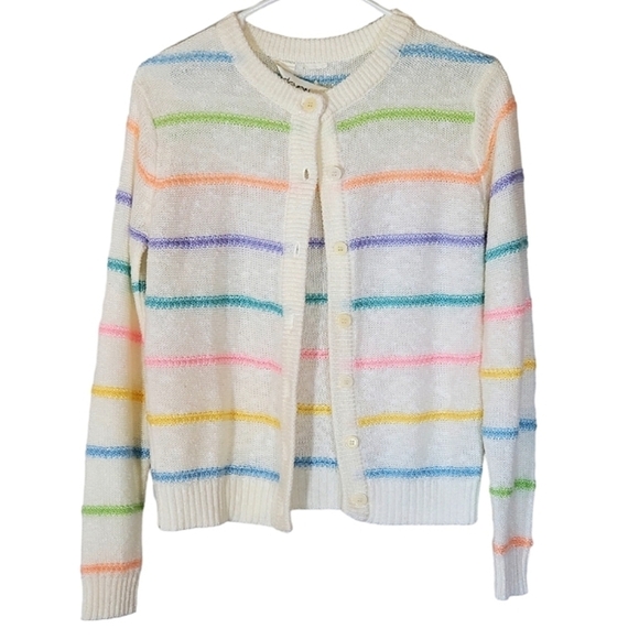 7086 * Devon Pastel Striped Cardigan White Pink Blue Size Uknown Vintage - Picture 1 of 7